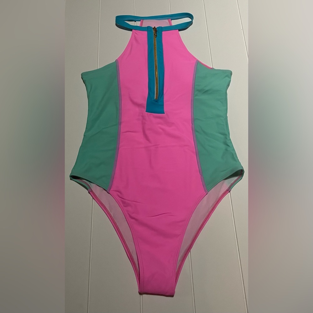 Colorblock Zipper Half Placket One Piece Swimsuit
